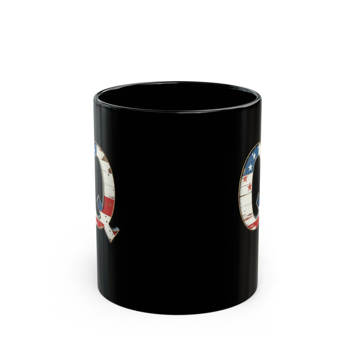 Mug - Patriotic American Flag Letter Q with Kevin Name - Vintage Red, White, and Blue Design