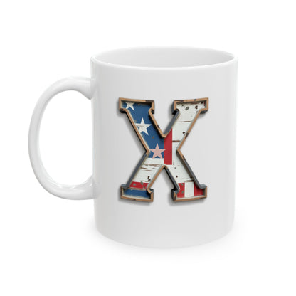 White USA Flag Letter X Mug – Personalized Patriotic Initial Coffee Cup Gift for Men, Veterans, and Proud Americans
