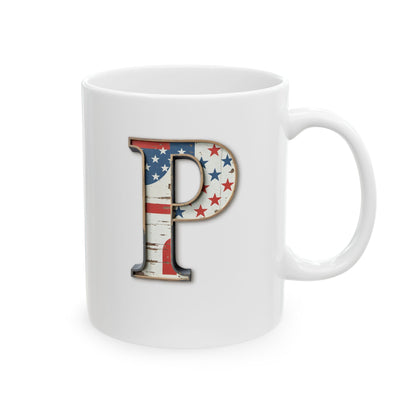 White American Flag Mug with Letter P Patriotic Initial Coffee Cup Gift for Veterans Military Families or Proud Americans