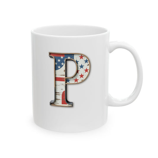 White American Flag Mug with Letter P Patriotic Initial Coffee Cup Gift for Veterans Military Families or Proud Americans