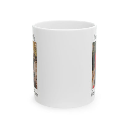 Family Fall Fashion - Mom, Dad, and Daughter in Stylish Outerwear Outdoors Mug