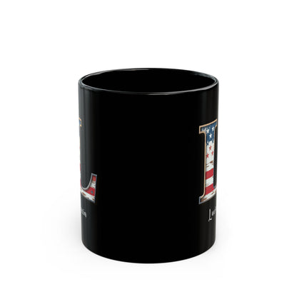 Mug - Patriotic American Flag Letter L with Kevin Name - Vintage Red, White, and Blue Design