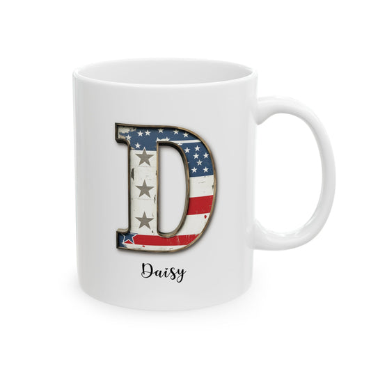 Mug - Patriotic American Flag Letter D with Kevin Name - Vintage Red, White, and Blue Design