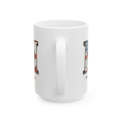Mug - Patriotic American Flag Letter M with Kevin Name - Vintage Red, White, and Blue Design