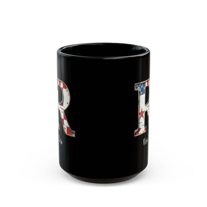 Mug - Patriotic American Flag Letter R with Kevin Name - Vintage Red, White, and Blue Design