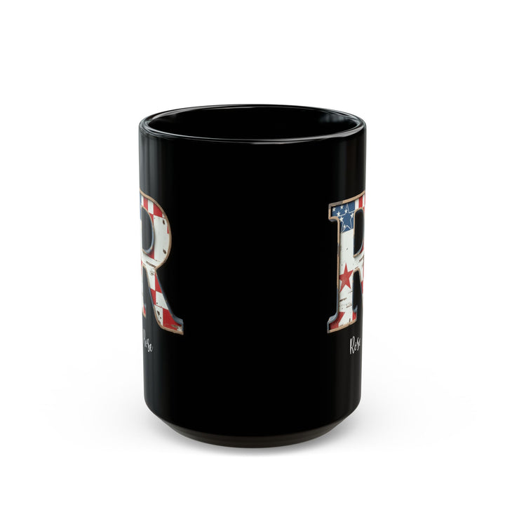 Mug - Patriotic American Flag Letter R with Kevin Name - Vintage Red, White, and Blue Design