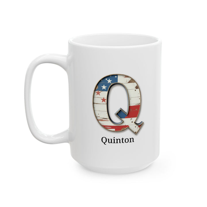 White American Flag Mug with Letter Q and Name Quinton Personalized Patriotic Coffee Cup Gift for Veterans Military or Proud Americans