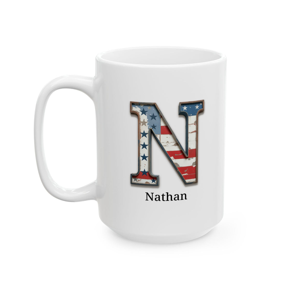 White American Flag Mug with Letter N and Name Nathan Personalized Patriotic Coffee Cup Gift for Veterans Military or Proud Americans