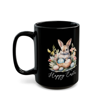 Happy Easter Mug – Watercolor Bunny and Eggs on Black Cup