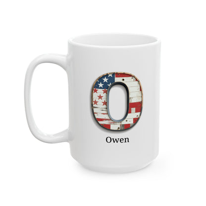 White American Flag Mug with Letter O and Name Owen Personalized Patriotic Coffee Cup Gift for Veterans Military Families or Proud Americans