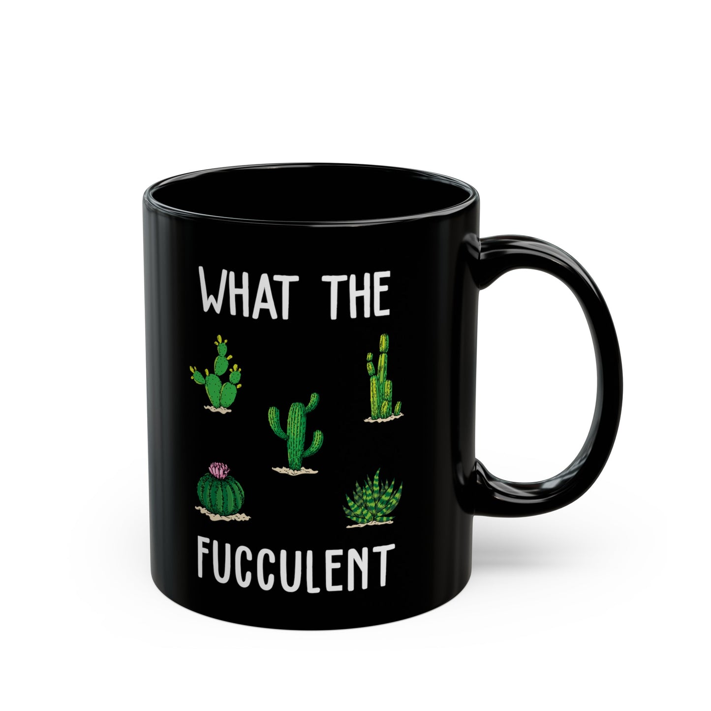 What The Fucculent Mug – Black with Green Succulent Design