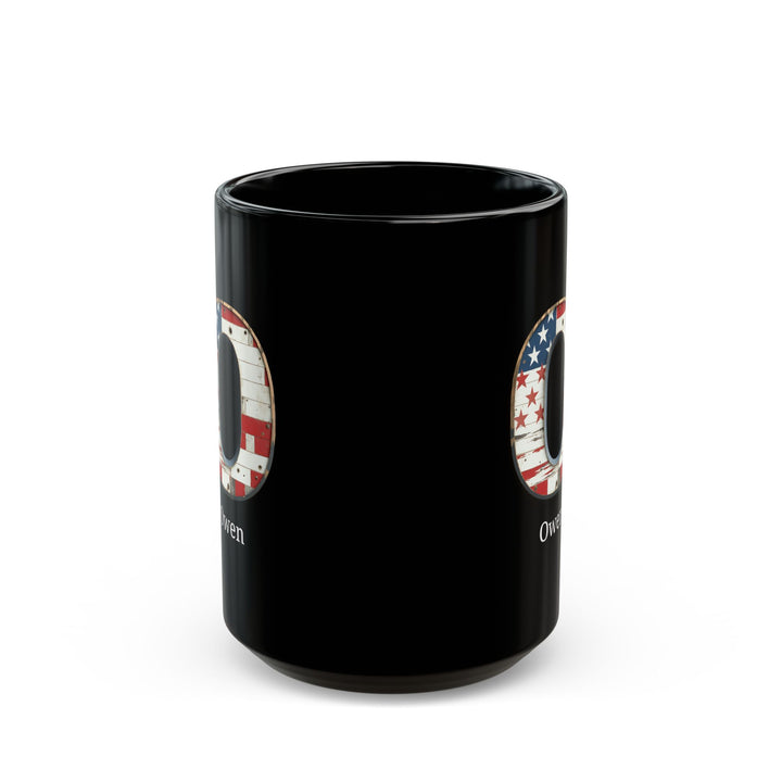 Black American Flag Mug with Letter O and Name Owen Personalized Patriotic Coffee Cup Gift for Men Veterans or Proud USA Supporters