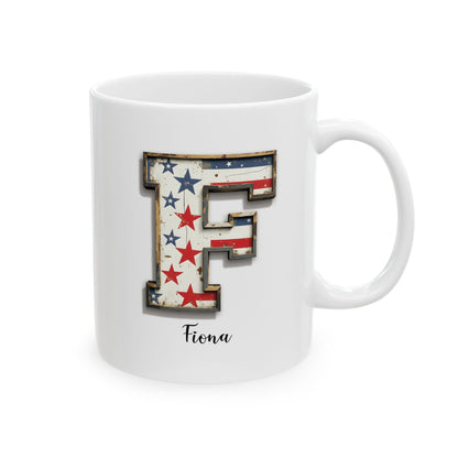 Mug - Patriotic American Flag Letter F with Kevin Name - Vintage Red, White, and Blue Design