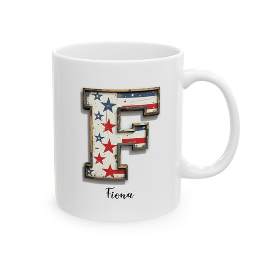 Mug - Patriotic American Flag Letter F with Kevin Name - Vintage Red, White, and Blue Design