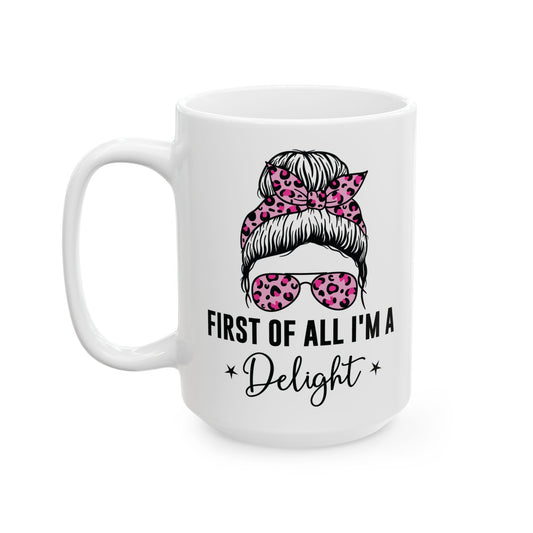 First of All, I'm a Delight – Quirky Mustache Mug with Leopard Print Accents