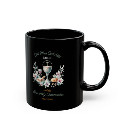 Black First Communion Mug for Godchild Jamie – Personalized Gift