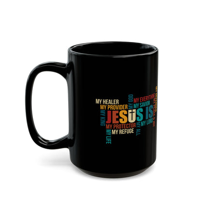 Jesus Is Word Cloud Black Mug – Colorful Christian Coffee Cup