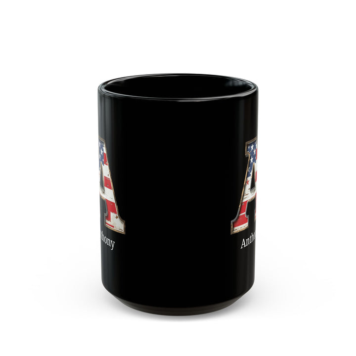 Black Personalized USA Flag Initial Mug with Letter A and Anthony Name Gift for Men, Veterans, Patriotic Coffee Lovers
