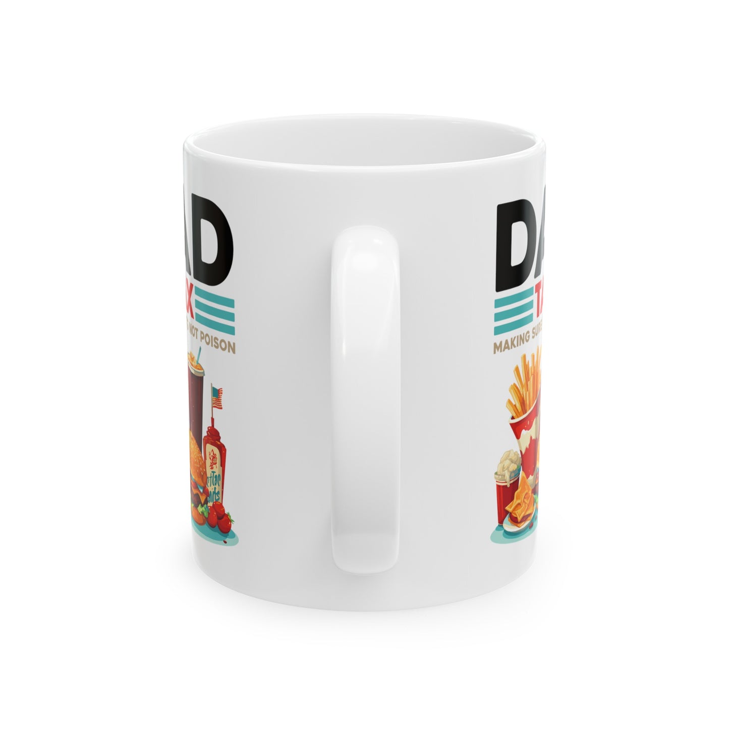 Dad Tax Mug – White with Colorful Junk Food Graphics