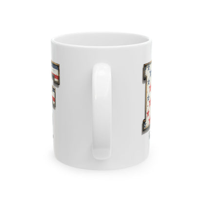 Mug - Patriotic American Flag Letter F with Kevin Name - Vintage Red, White, and Blue Design