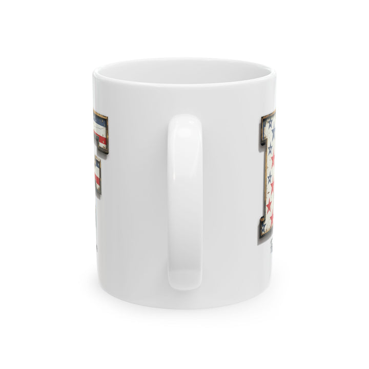 Mug - Patriotic American Flag Letter F with Kevin Name - Vintage Red, White, and Blue Design