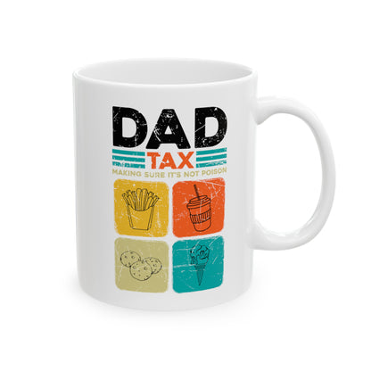 Dad Tax Mug – Humorous White Mug with Colorful Food Graphics