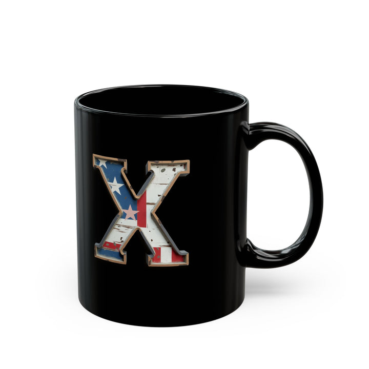 Black USA Flag Letter X Initial Mug – Patriotic Coffee Cup Gift for Men, Veterans, and Proud Americans