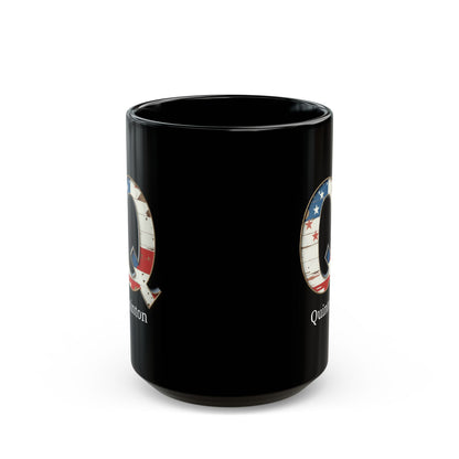 Black American Flag Mug with Letter Q and Name Quinton Personalized Patriotic Coffee Cup Gift for Men Veterans or American Flag Fans