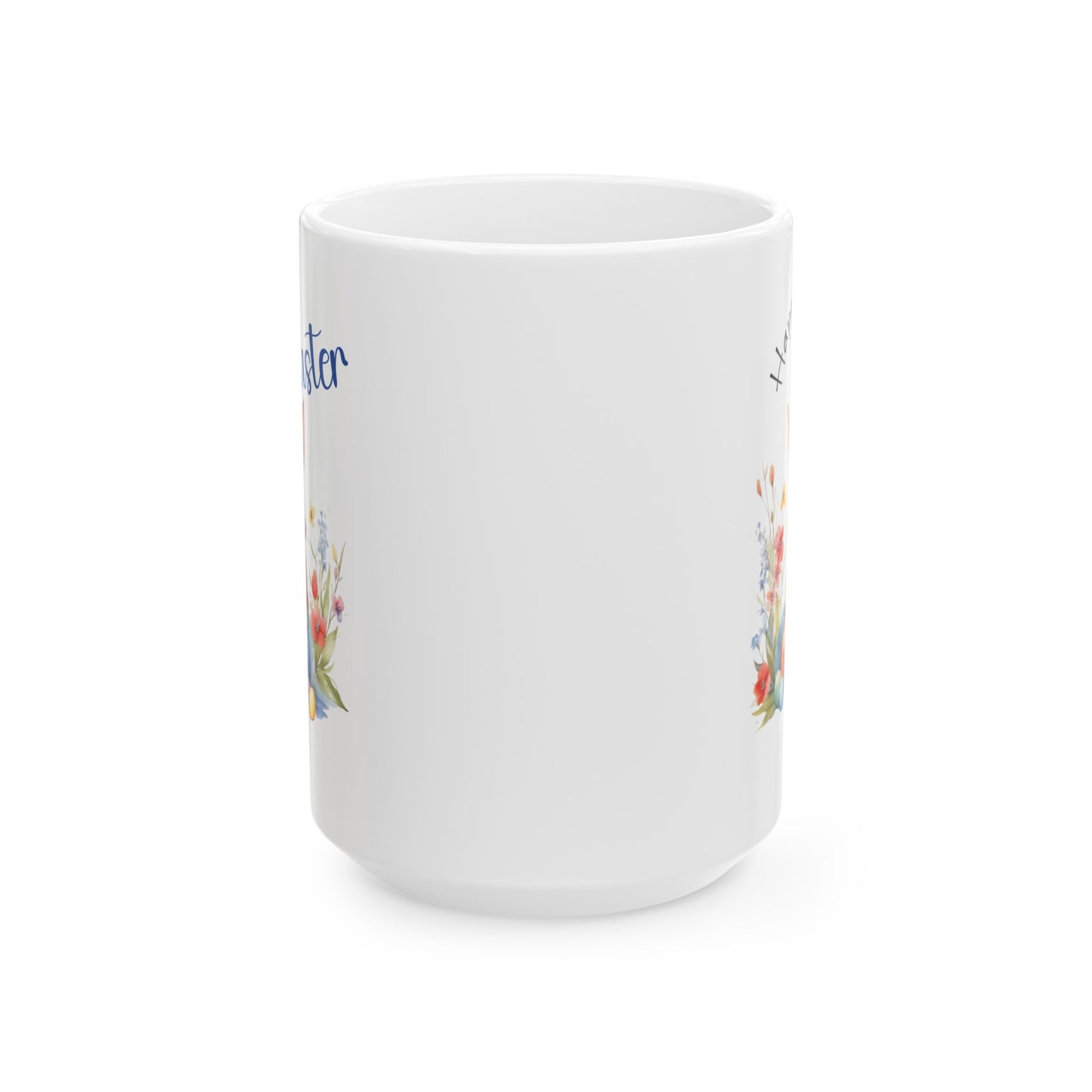 Happy Easter Mug – Cute Bunny with Colorful Eggs & Flowers