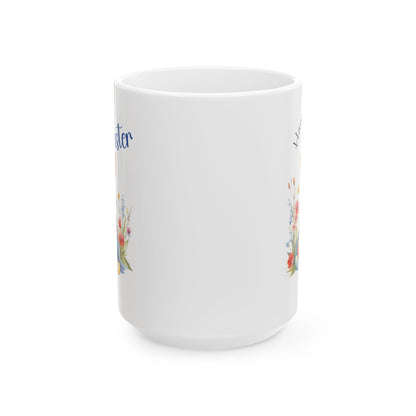 Happy Easter Mug – Cute Bunny with Colorful Eggs & Flowers