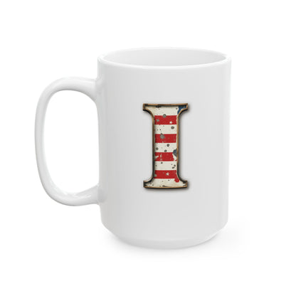 Mug - Patriotic American Flag Letter I with Kevin Name - Vintage Red, White, and Blue Design