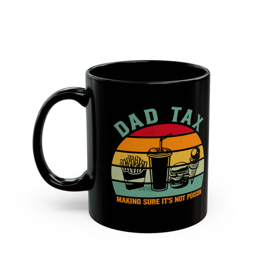 Dad Tax Mug – Black Retro Sunset Design with Snack Graphics