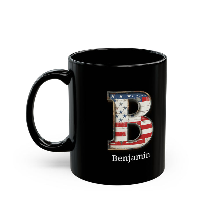 Black Personalized USA Flag Initial Mug with Letter B and Benjamin Name Gift for Men, Veterans, Patriotic Coffee Lovers