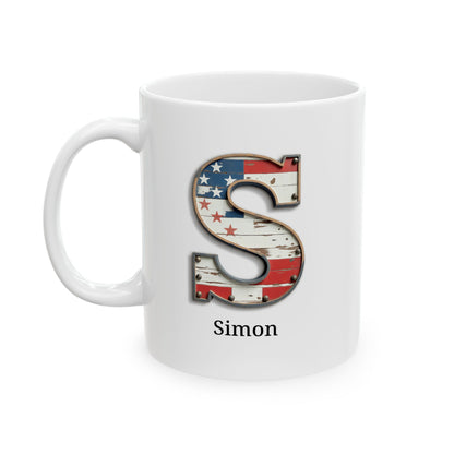 White American Flag Mug with Letter S and Name Simon Personalized Patriotic Coffee Cup Gift for Men Veterans or Proud Americans