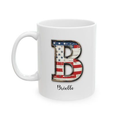 Mug - Patriotic American Flag Letter B with Kevin Name - Vintage Red, White, and Blue Design