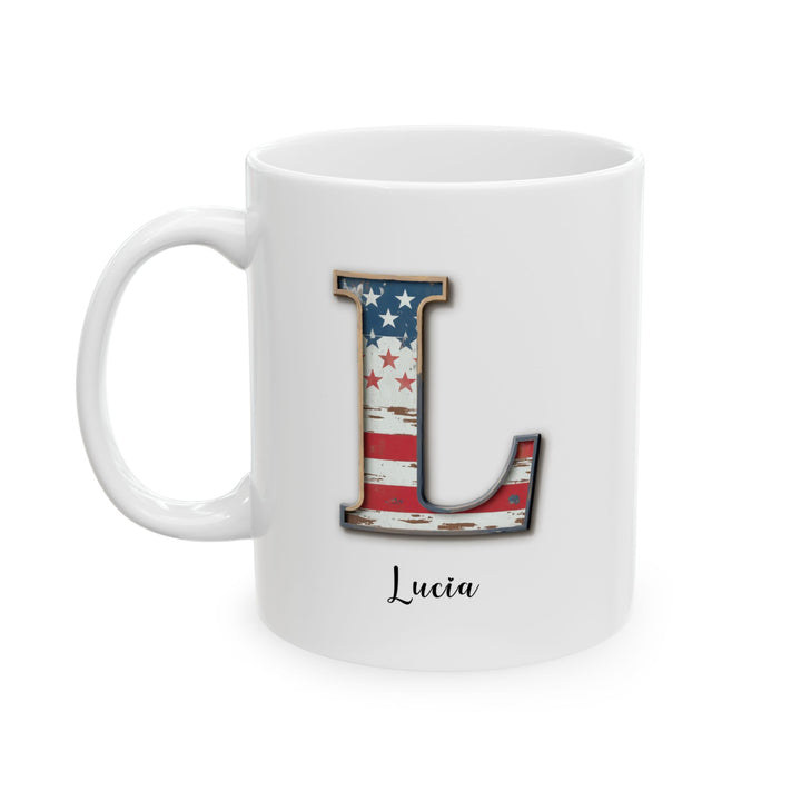 Mug - Patriotic American Flag Letter L with Kevin Name - Vintage Red, White, and Blue Design