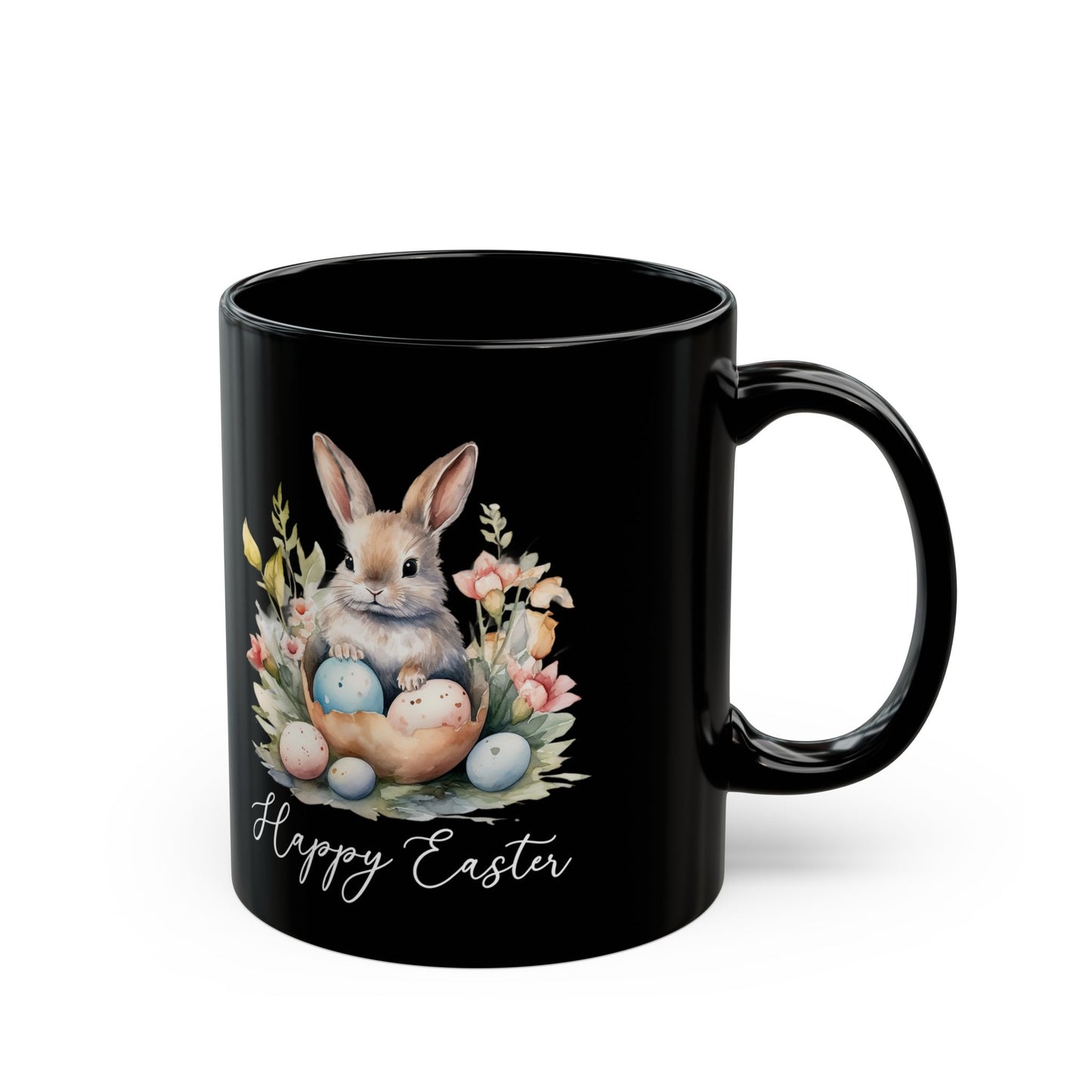 Happy Easter Mug – Watercolor Bunny and Eggs on Black Cup