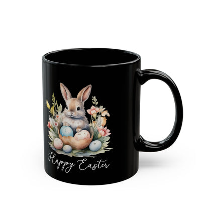 Happy Easter Mug – Watercolor Bunny and Eggs on Black Cup