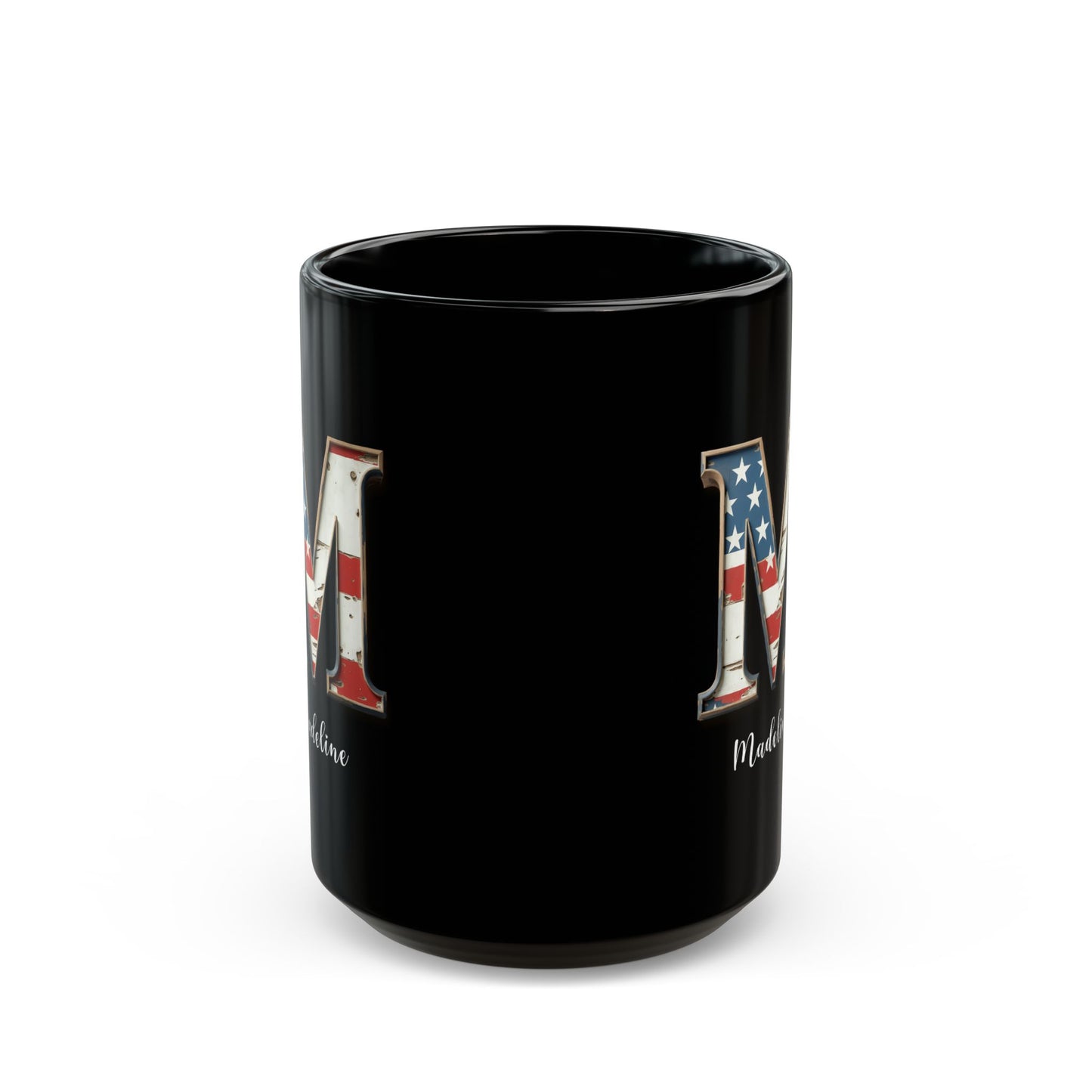Mug - Patriotic American Flag Letter M with Kevin Name - Vintage Red, White, and Blue Design