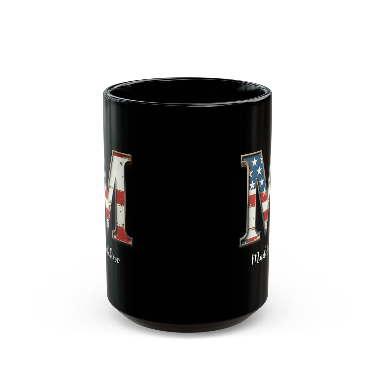Mug - Patriotic American Flag Letter M with Kevin Name - Vintage Red, White, and Blue Design