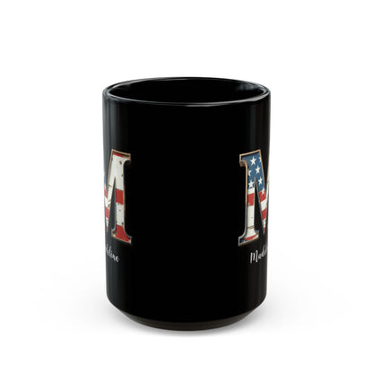 Mug - Patriotic American Flag Letter M with Kevin Name - Vintage Red, White, and Blue Design