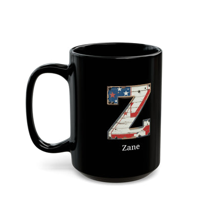 Black Personalized USA Flag Initial Mug with Letter Z and Zane Name Gift for Men, Veterans, Patriotic Coffee Lovers