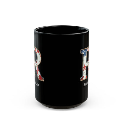Black American Flag Mug with Letter R and Name Roman Personalized Patriotic Coffee Cup Gift for Men Veterans or Proud USA Supporters
