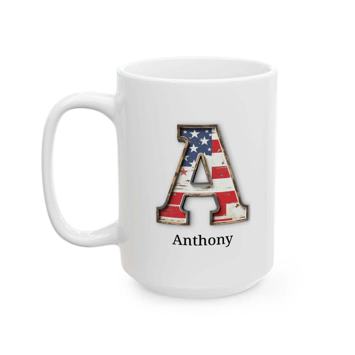 White Personalized USA Flag Initial Mug with Letter A and Anthony Name Gift for Men, Veterans, Patriotic Coffee Lovers