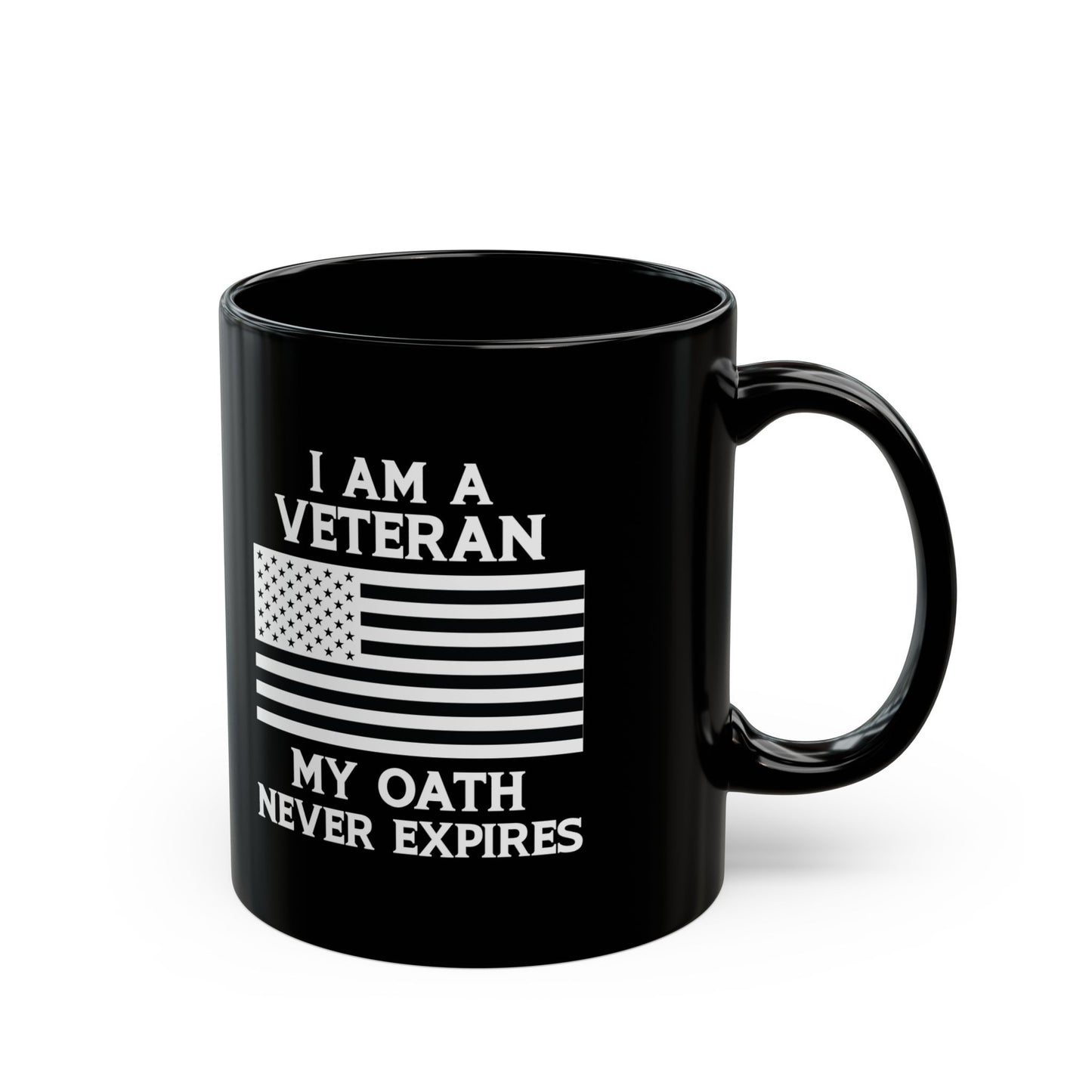 I Am a Veteran My Oath Never Expires Mug – Patriotic Black Coffee Cup with American Flag