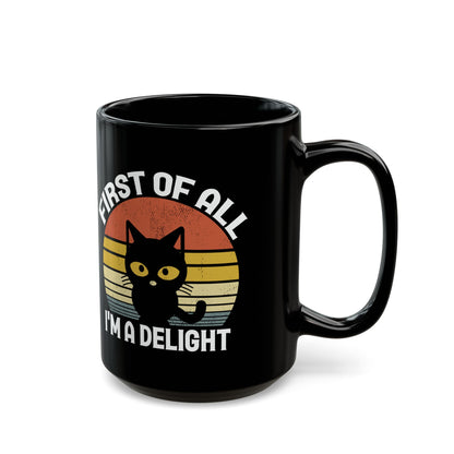 First of All, I'm a Delight – Gift for Cat Lovers, Cute Black Cat Mug with Retro Sunset Design