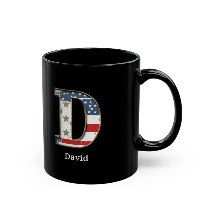 Black Personalized USA Flag Initial Mug with Letter D and Daniel Name Gift for Men, Veterans, Patriotic Coffee Lovers