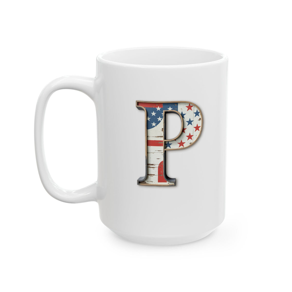 White American Flag Mug with Letter P Patriotic Initial Coffee Cup Gift for Veterans Military Families or Proud Americans