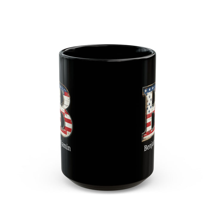 Black Personalized USA Flag Initial Mug with Letter B and Benjamin Name Gift for Men, Veterans, Patriotic Coffee Lovers