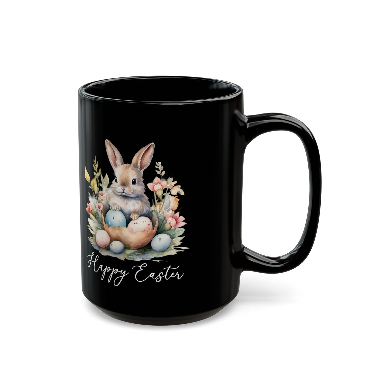 Happy Easter Mug – Watercolor Bunny and Eggs on Black Cup